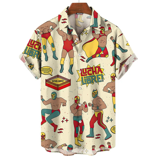 Hawaiian Shirt – Vintage Mexican Wrestling 3D Print Shirt – Oversized Men’s Casual Top