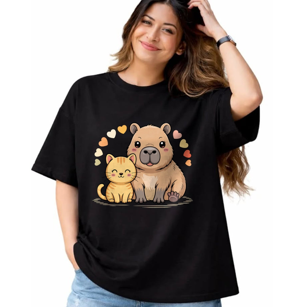 Cute Capybara Shirt, Funny Capybara Unisex T-Shirt/Hoodie/Sweatshirt HLT00 - Cute Cat and Capybara Friends Funny Pet Lovers Casual Wear T-Shirt