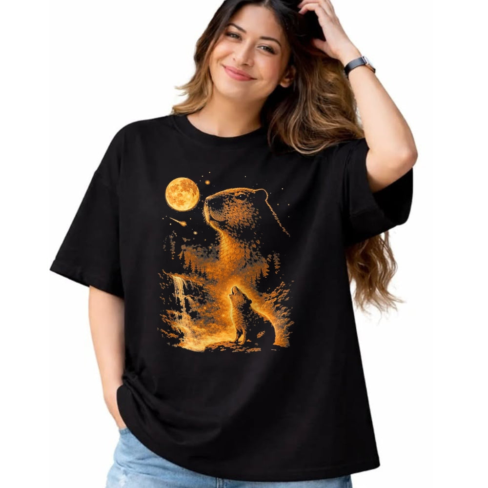 Cute Capybara Shirt, Funny Capybara Unisex T-Shirt/Hoodie/Sweatshirt HLT00 - Vintage Capybara Howling At The Moon Meme 90s Animal Graphic T-Shirt, Men, Black, 3X-Large