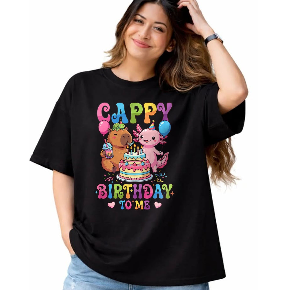 Cute Capybara Shirt, Funny Capybara Unisex T-Shirt/Hoodie/Sweatshirt HLT00 - Cute Happy Birthday to Me Capybara Axolotl Turtle Party T-Shirt