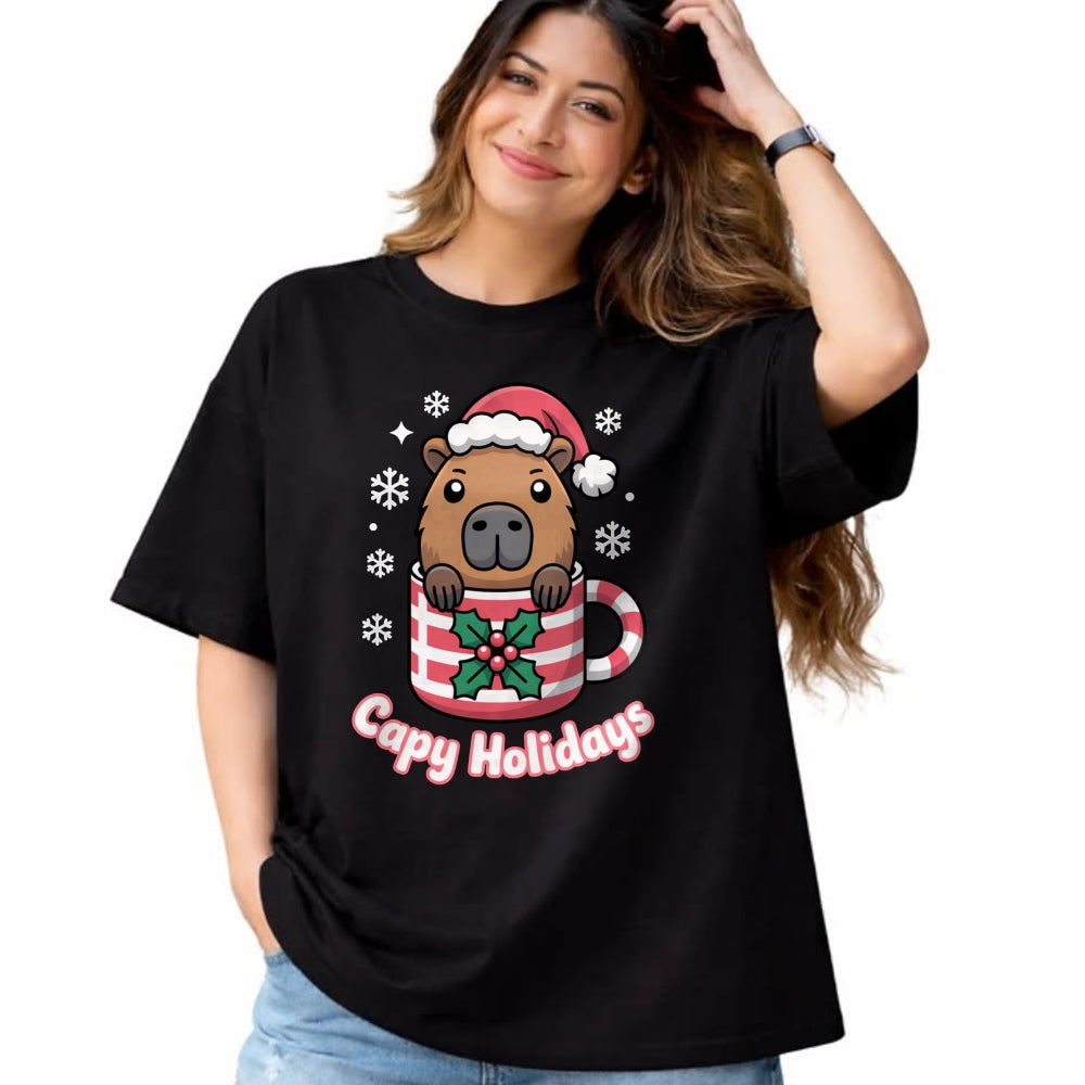 Cute Capybara Shirt, Funny Capybara UnisexT-Shirt/Hoodie/Sweatshirt HLT00 - Capy Holidays Cute Capybara Christmas Santa Hat Long Sleeve T-Shirt