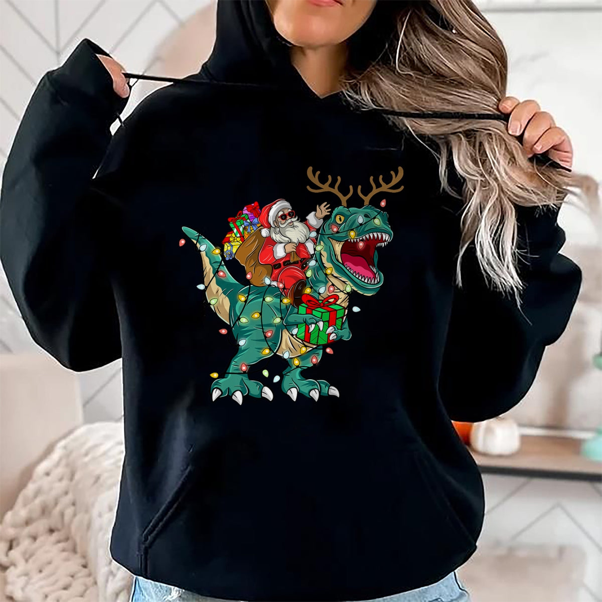 Christmas Shirts for Family, Funny christmas shirts, Christmas Unisex T-Shirt/Hoodie/Sweatshirt HLT00 - Santa Riding Dinosaur T rex Deer Kids Boys Men Christmas T-Shirt
