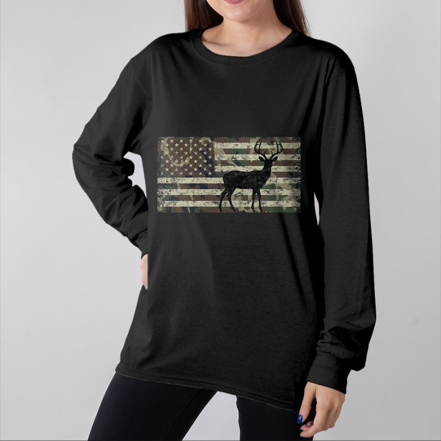 Funny Hunting Shirt, Gift For Hunting Lover Unisex T-Shirt/Hoodie/Sweatshirt HLT00 - Deer Hunting Camo American Flag Buck Standing Hunter Country T-Shirt