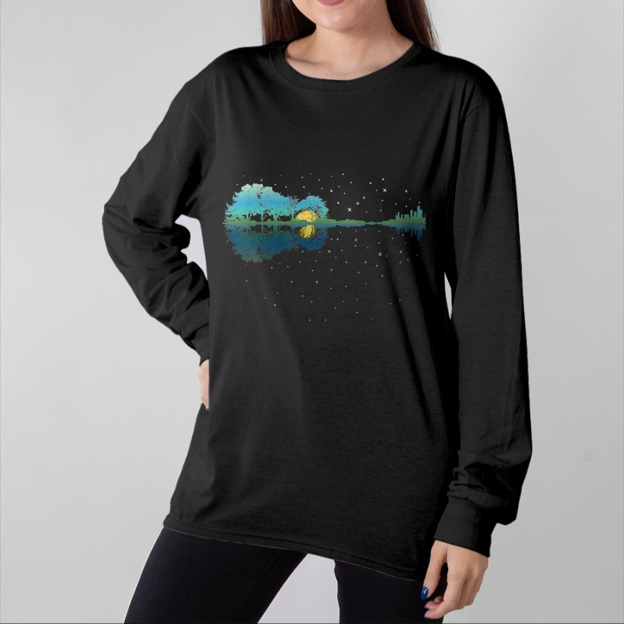 Guitar Lover Shirt, Funny Guitar UnisexT-Shirt/Hoodie/Sweatshirt HLT00 - Guitar Lake Reflections Night Sky and Moon Guitar T-Shirt, Men, Black, 3X-Large