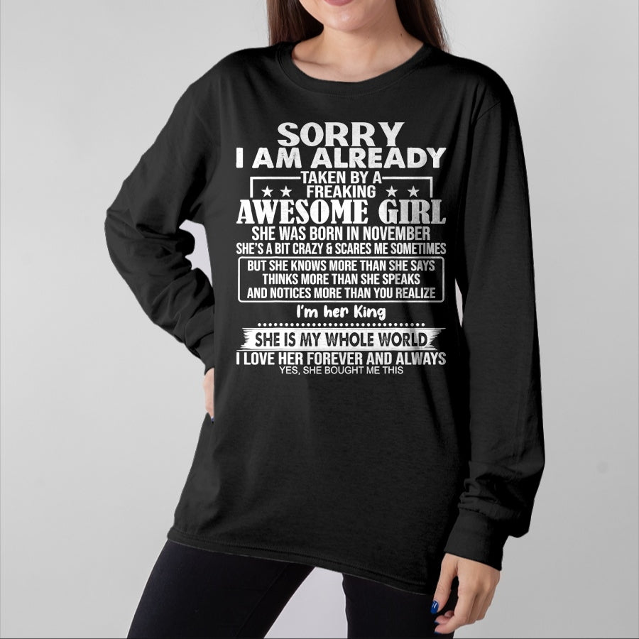 Best Wife Shirt, Wife and Husband Unisex T-Shirt/Hoodie/Sweatshirt HLT00 - Sorry I Am Already Taken By A Freaking Awesome Girl NOVEMBER T-Shirt