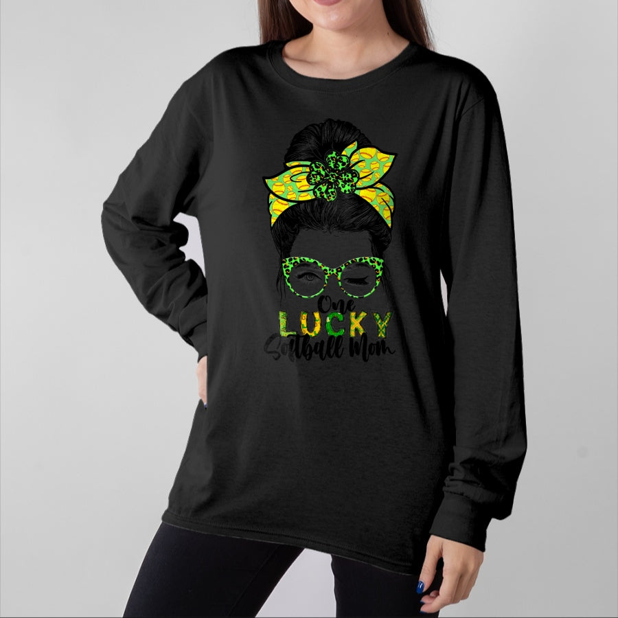 Gift for Mom Shirt, Funny Mom Unisex T-Shirt/Hoodie/Sweatshirt HLT00 - One Lucky Softball Mom Green Saint Patricks Day Messy Bun T-Shirt