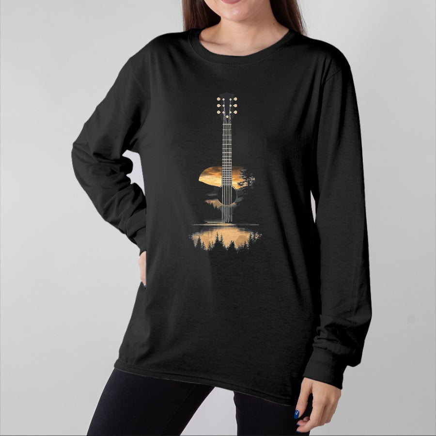 Guitar Lover Shirt, Funny Guitar UnisexT-Shirt/Hoodie/Sweatshirt HLT00 - Sunset Acoustic Guitar Scenic Nature Art T-Shirt, Men, Black, 3X-Large