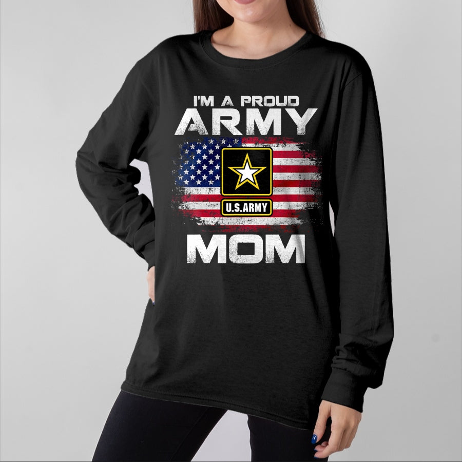 Gift for Mom Shirt, Funny Mom Unisex T-Shirt/Hoodie/Sweatshirt HLT00 - I'm A Proud Army Mom With American Flag For Veteran Gift T-Shirt
