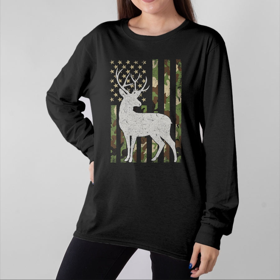 Funny Hunting Shirt, Gift For Hunting Lover Unisex T-Shirt/Hoodie/Sweatshirt HLT00 - Whitetail Buck Deer Hunting Camouflage USA Flag 4th of July T-Shirt