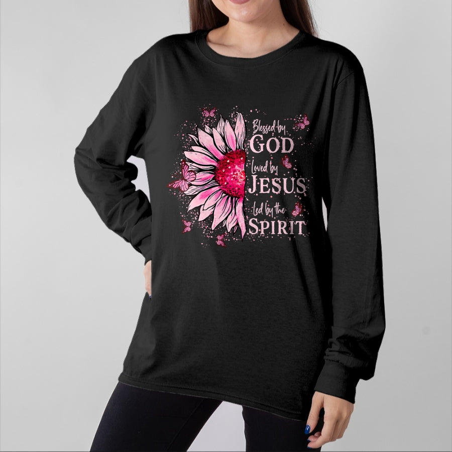 Christian Tee, Christian Faith Unisex T-Shirt/Hoodie/Sweatshirt HLT00 - Blessed By God - Loved By Jesus Pink Sunflower T-Shirt