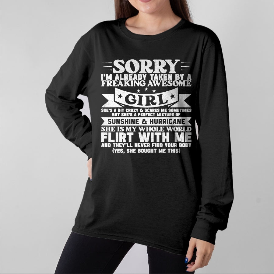 Best Wife Shirt, Wife and Husband Unisex T-Shirt/Hoodie/Sweatshirt HLT00 - Sorry I'm Already Taken By Freaking Awesome Girl Boyfriend T-Shirt (1)