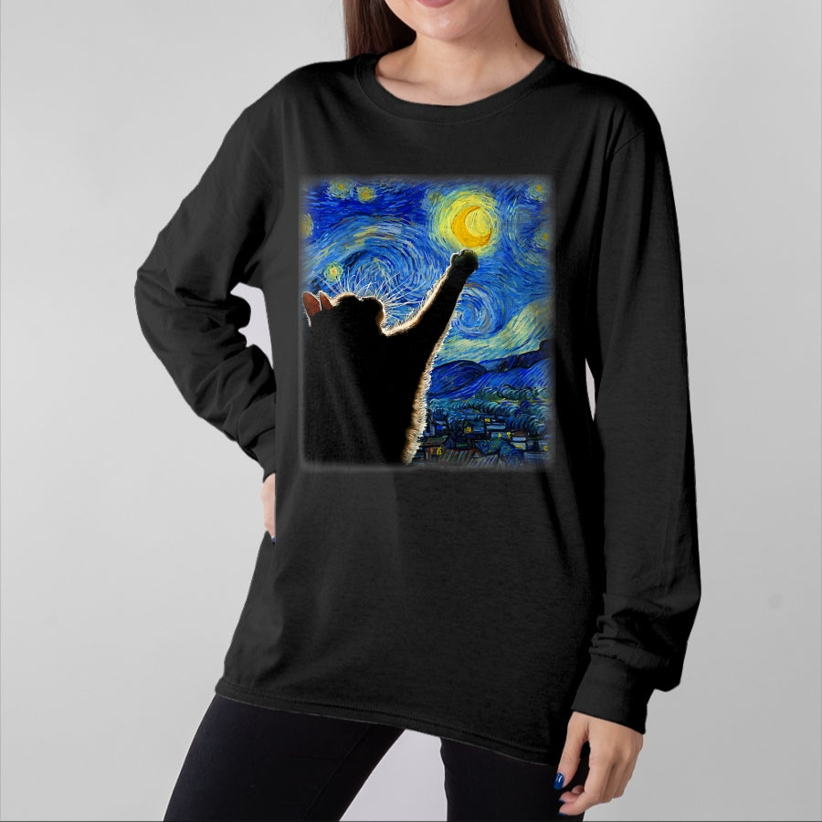 Best Thanksgiving Family Shirt , Funny Thanksgiving UnisexT-Shirt/Hoodie/Sweatshirt HLT00 - Starry Night Cat, Van Gogh Cat, Cat Lover, Cat Mom, Cat Dad T-Shirt, Black