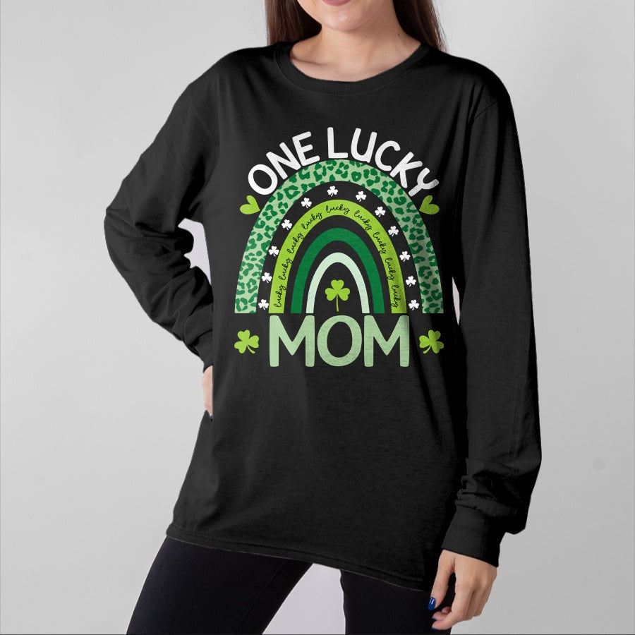 Gift for Mom Shirt, Funny Mom Unisex T-Shirt/Hoodie/Sweatshirt HLT00 - One Lucky Mom Leopard Rainbow St Patricks Day Clover Long Sleeve T-Shirt