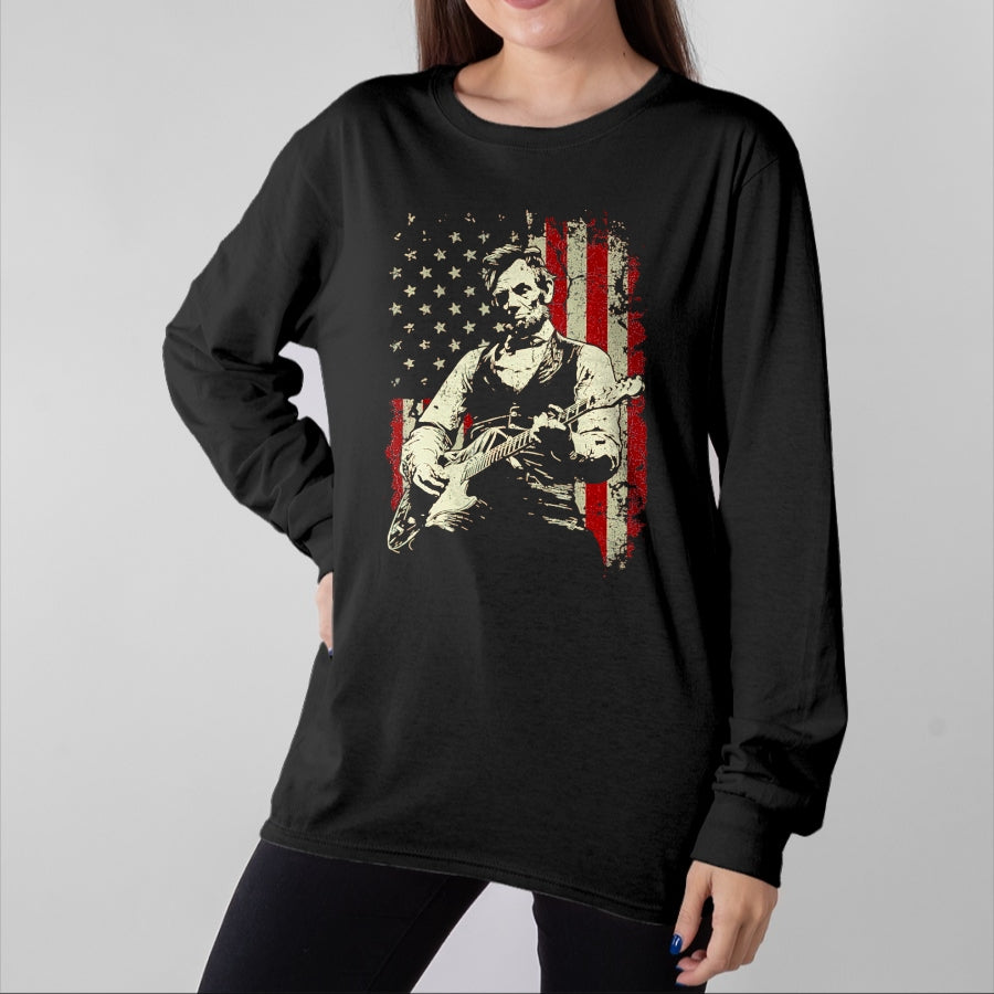 Guitar Lover Shirt, Funny Guitar UnisexT-Shirt/Hoodie/Sweatshirt HLT00 - Abraham Lincoln Playing Guitar Rock and Roll American Flag T-Shirt, Men, Black, 3X-Large