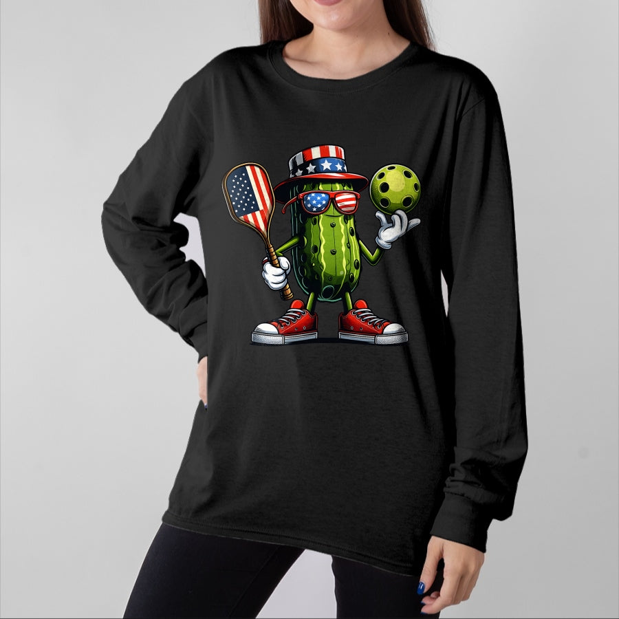 Funny Pickleball Shirt, Pickleball Lover Unisex T-Shirt/Hoodie/Sweatshirt HLT00 - 4th of July Patriotic Pickle Playing pickleball Paddle T-Shirt