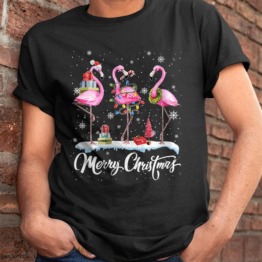 Christmas Shirts for Family, Funny christmas shirts, Christmas Unisex T-Shirt/Hoodie/Sweatshirt HLT00 - Merry Christmas Hat Santa Flamingo Light Christmas Snow T-Shirt