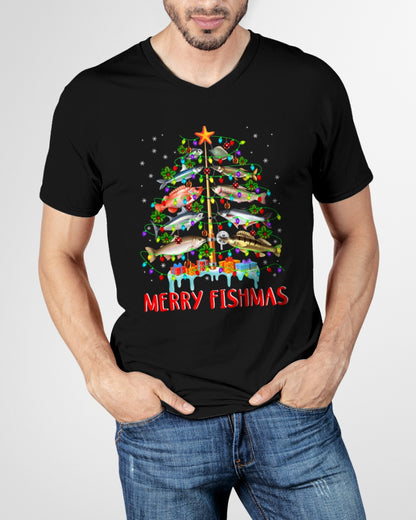 Merry Fishmas Funny Christmas Tree Lights Fish Fishing Rod T-Shirt for men women (SKU-MRCM-2) FMA male