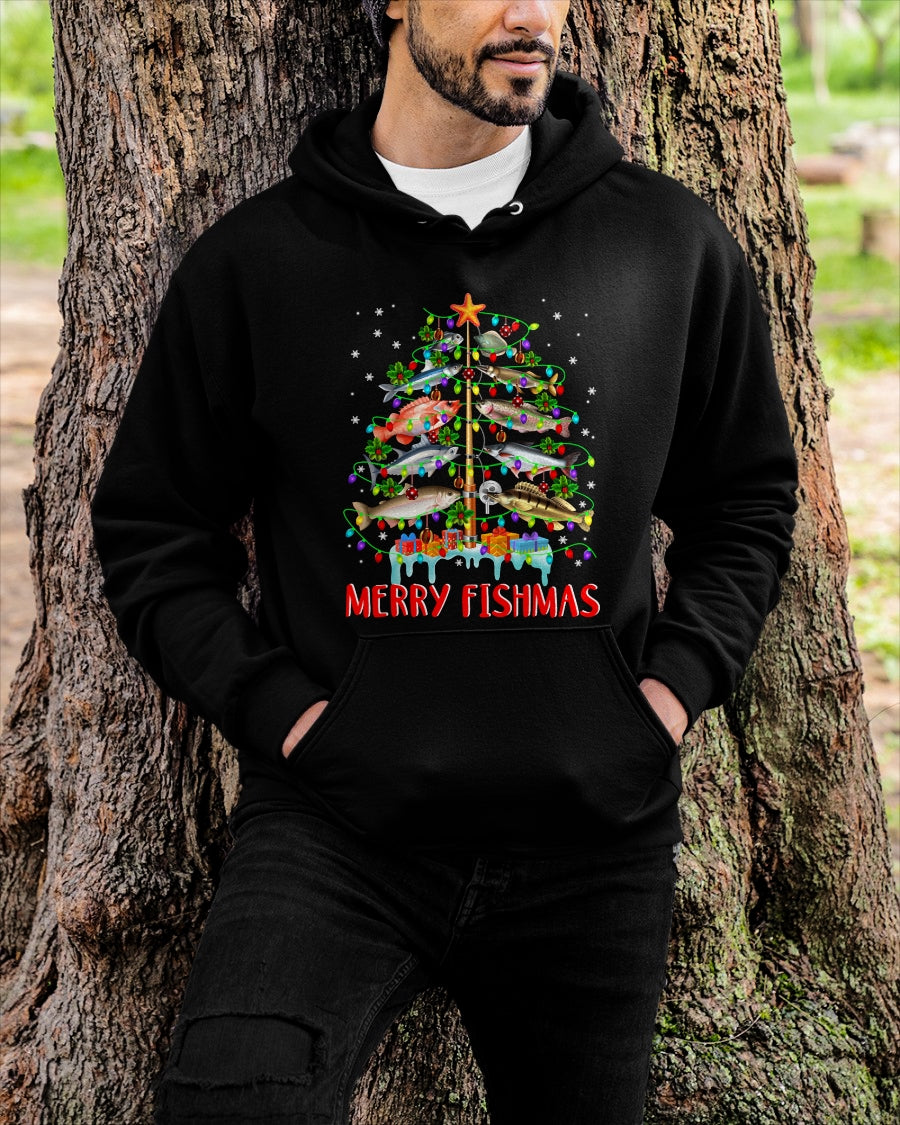 Merry Fishmas Funny Christmas Tree Lights Fish Fishing Rod T-Shirt for men women (SKU-MRCM-2) FMA male