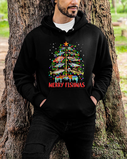 Merry Fishmas Funny Christmas Tree Lights Fish Fishing Rod T-Shirt for men women (SKU-MRCM-2) FMA male