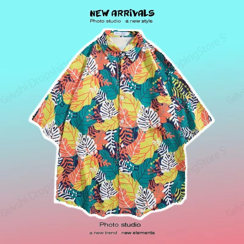 Hawaiian Shirt – Cartoon Floral 3D Print Hawaiian Shirt – Unisex Loose Beach Top