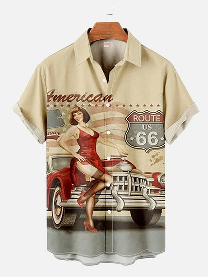 Hawaiian Shirt – Vintage Pin-Up Girl Hawaiian Cowgirl Retro Car Shirt for Men