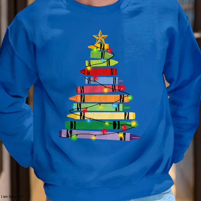 Christmas Shirts for Family, Funny christmas shirts, Christmas Unisex T-Shirt/Hoodie/Sweatshirt HLT00 - Teacher Christmas Tshirt Crayon Tree Light Gifts Student Long Sleeve T-Shirt