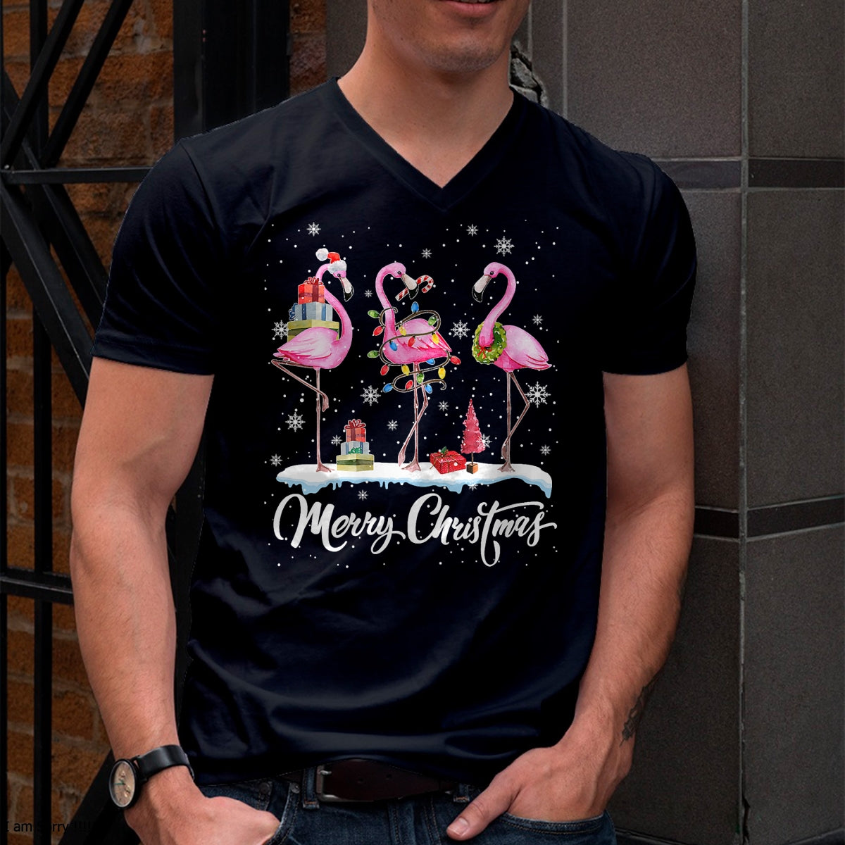 Christmas Shirts for Family, Funny christmas shirts, Christmas Unisex T-Shirt/Hoodie/Sweatshirt HLT00 - Merry Christmas Hat Santa Flamingo Light Christmas Snow T-Shirt