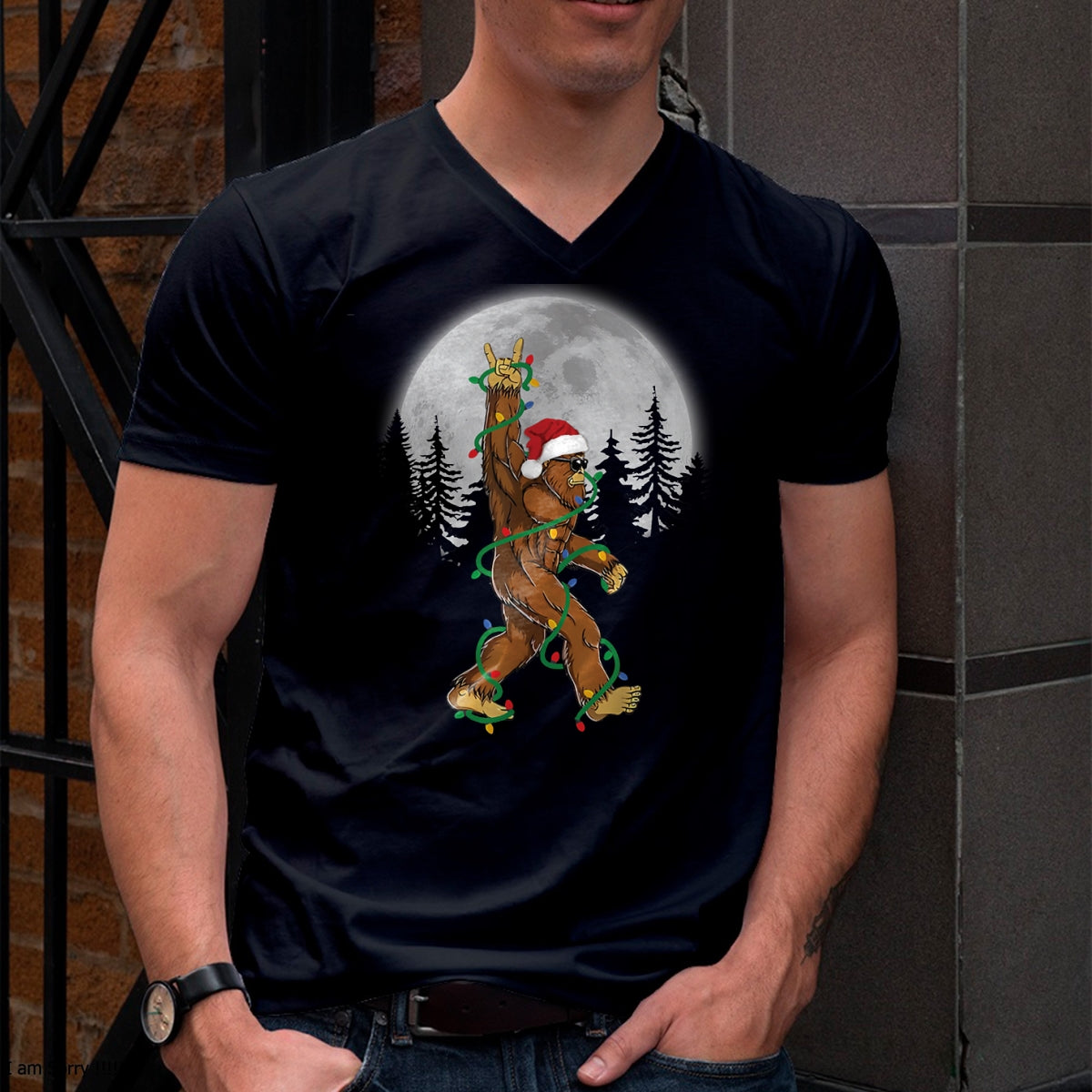 Christmas Shirts for Family, Funny christmas shirts, Christmas Unisex T-Shirt/Hoodie/Sweatshirt HLT00 - Bigfoot Santa Christmas Tree Lights Funny Xmas Sasquatch Long Sleeve T-Shirt