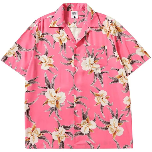 Hawaiian Shirt – Pink Flower Cuban Shirt – Loose Y2K Hawaiian Top for Men & Women