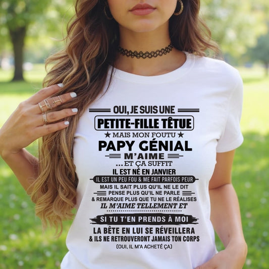 JANVIER - Oui, je suis une petite-fille têtue – T-shirt | Cadeau d’anniversaire de papi pour sa petite-fille - ccdi01 / fr01 (SKU2603-193-01)