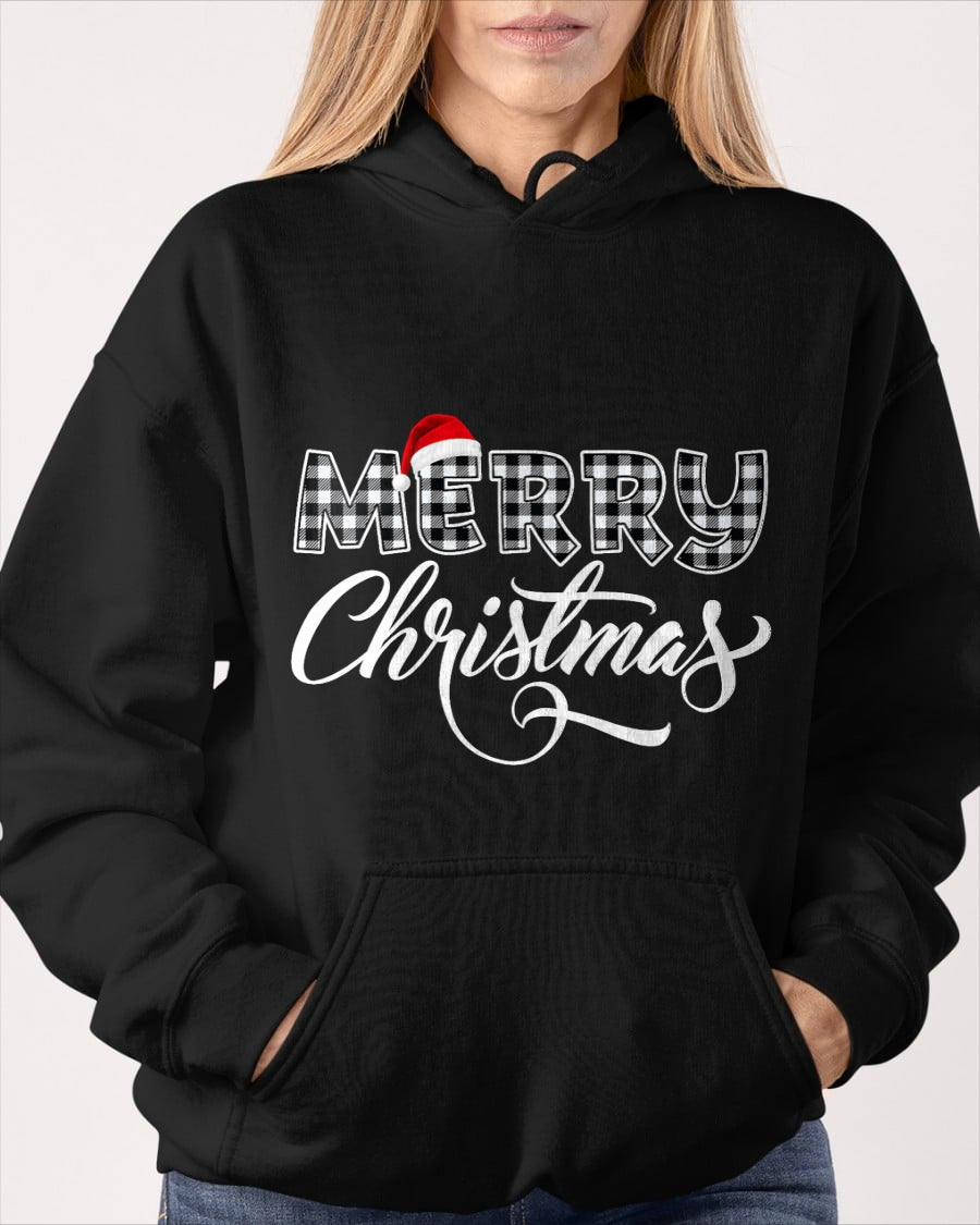 Merry Christmas Buffalo Black and White Plaid for Men Women T-Shirt (SKU-MRCM-14) FMA