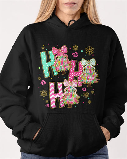 HO HO HO Merry Christmas Coquette Bow Xmas Trees Holiday T-Shirt (SKU-MRCM-11) FMA