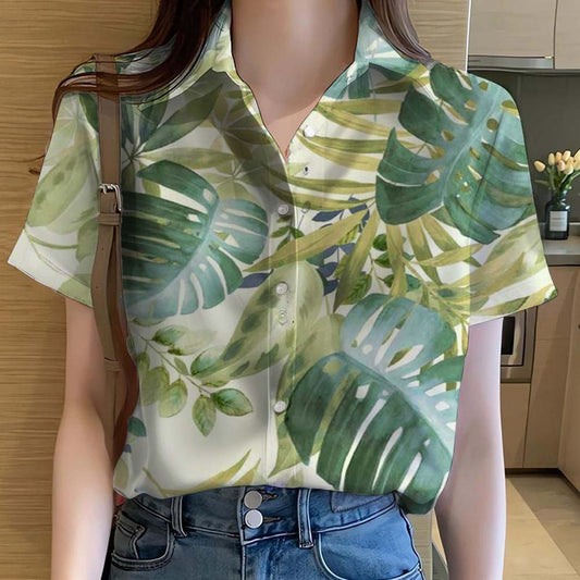 Hawaiian Shirt – Women’s Tropical Leaves 3D Print Hawaiian Shirt – Y2K Summer Beachwear