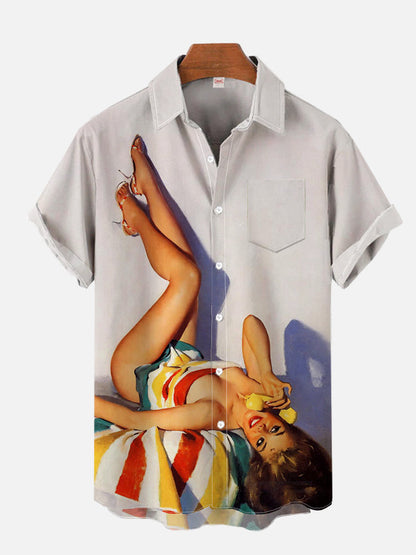 Hawaiian Shirt – 1980s Pin-Up Girl 3D Print Hawaiian Shirt – Vintage Men’s Fashion