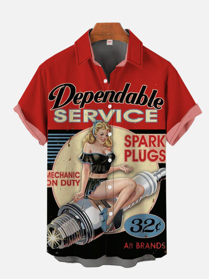 Hawaiian Shirt – Vintage Pin-Up Girl Hawaiian Cowgirl Retro Car Shirt for Men