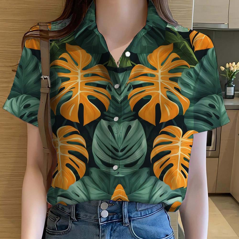 Hawaiian Shirt – Women’s Tropical Leaves 3D Print Hawaiian Shirt – Y2K Summer Beachwear