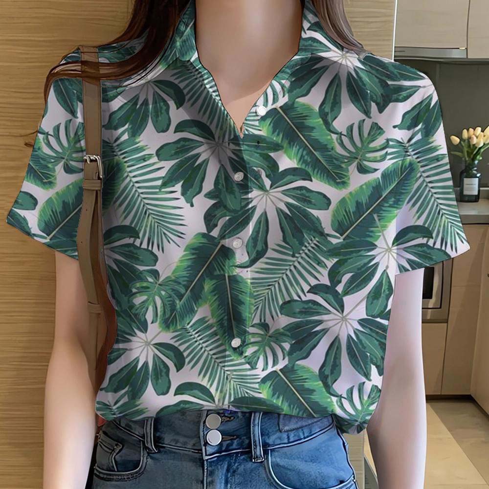 Hawaiian Shirt – Women’s Tropical Leaves 3D Print Hawaiian Shirt – Y2K Summer Beachwear
