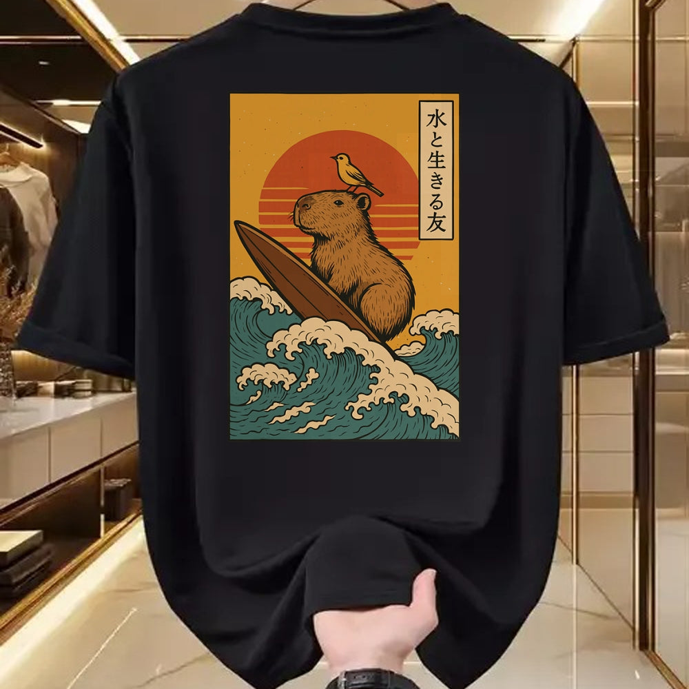 Cute Capybara Shirt, Funny Capybara Unisex T-Shirt/Hoodie/Sweatshirt HLT00 - Capybara Surfing Japanese T-Shirt
