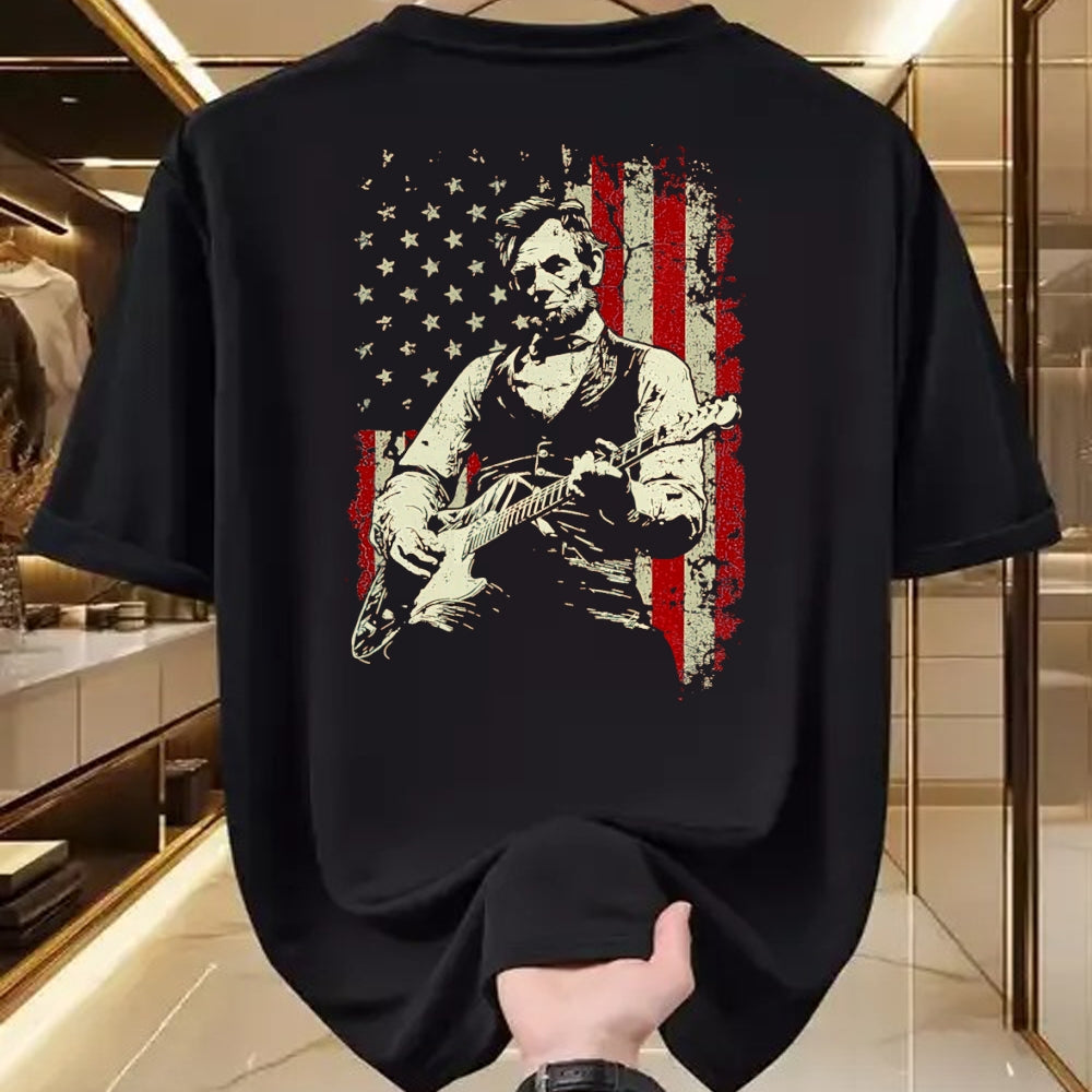 Guitar Lover Shirt, Funny Guitar UnisexT-Shirt/Hoodie/Sweatshirt HLT00 - Abraham Lincoln Playing Guitar Rock and Roll American Flag T-Shirt, Men, Black, 3X-Large
