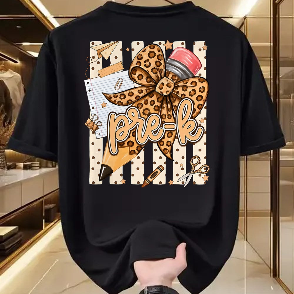 Best Teacher Shirt, Funny Teacher UnisexT-Shirt/Hoodie/Sweatshirt HLT00 - Preppy Leopard Pencil Bow Pre K Teacher Back to School T-Shirt