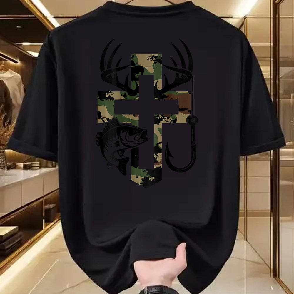 Funny Hunting Shirt, Gift For Hunting Lover Unisex T-Shirt/Hoodie/Sweatshirt HLT00 - Youth Camo Faith Hunting Fishing Cross Hook Christian Jesus T-Shirt