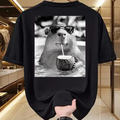 Cute Capybara Shirt, Funny Capybara Unisex T-Shirt/Hoodie/Sweatshirt HLT00 - Capybara Selfie with Sunglasses and Coconut Drink T-Shirt