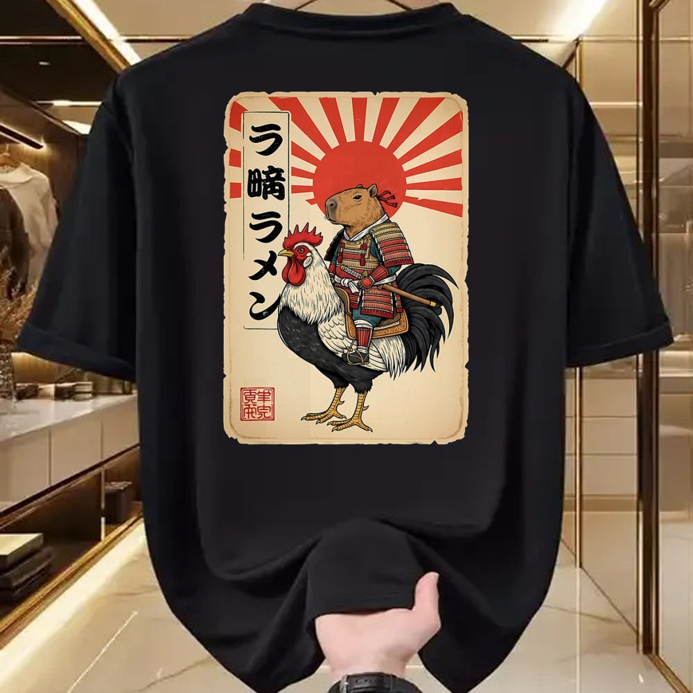 Cute Capybara Shirt, Funny Capybara Unisex T-Shirt/Hoodie/Sweatshirt HLT00 - Vintage Japanese Samurai Capybara Rooster Chicken Anime T-Shirt