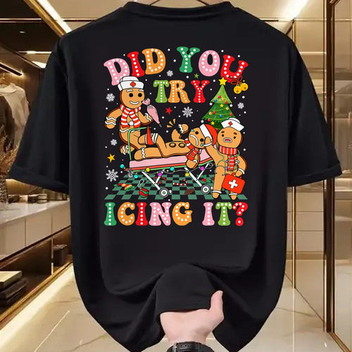 Funny Nurse Shirt, Nurse Unisex T-Shirt/Hoodie/Sweatshirt HLT00 - Retro ICU Nurse Christmas Gingerbread Did You Try Icing It T-Shirt (1)