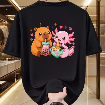 Cute Capybara Shirt, Funny Capybara Unisex T-Shirt/Hoodie/Sweatshirt HLT00 - Cute Capybara Axolotl Boba Ramen Anime Kawaii Foodie Friends T-Shirt