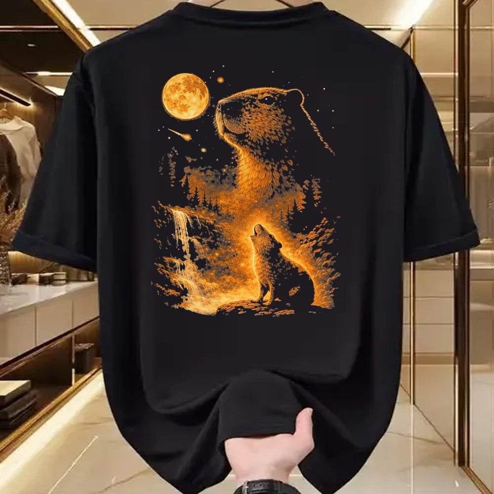 Cute Capybara Shirt, Funny Capybara Unisex T-Shirt/Hoodie/Sweatshirt HLT00 - Vintage Capybara Howling At The Moon Meme 90s Animal Graphic T-Shirt, Men, Black, 3X-Large