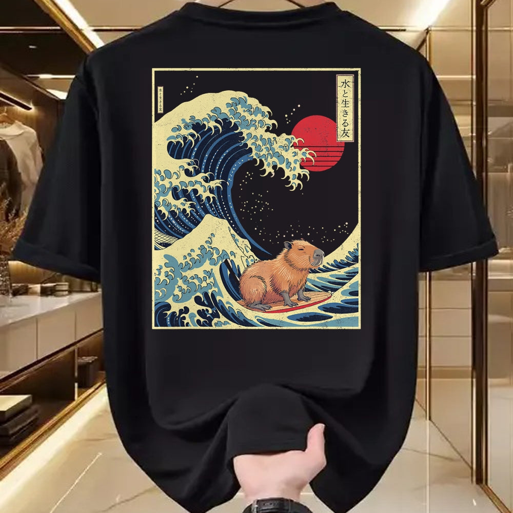 Cute Capybara Shirt, Funny Capybara Unisex T-Shirt/Hoodie/Sweatshirt HLT00 - Surfing Capybara Retro Kawaii T-Shirt