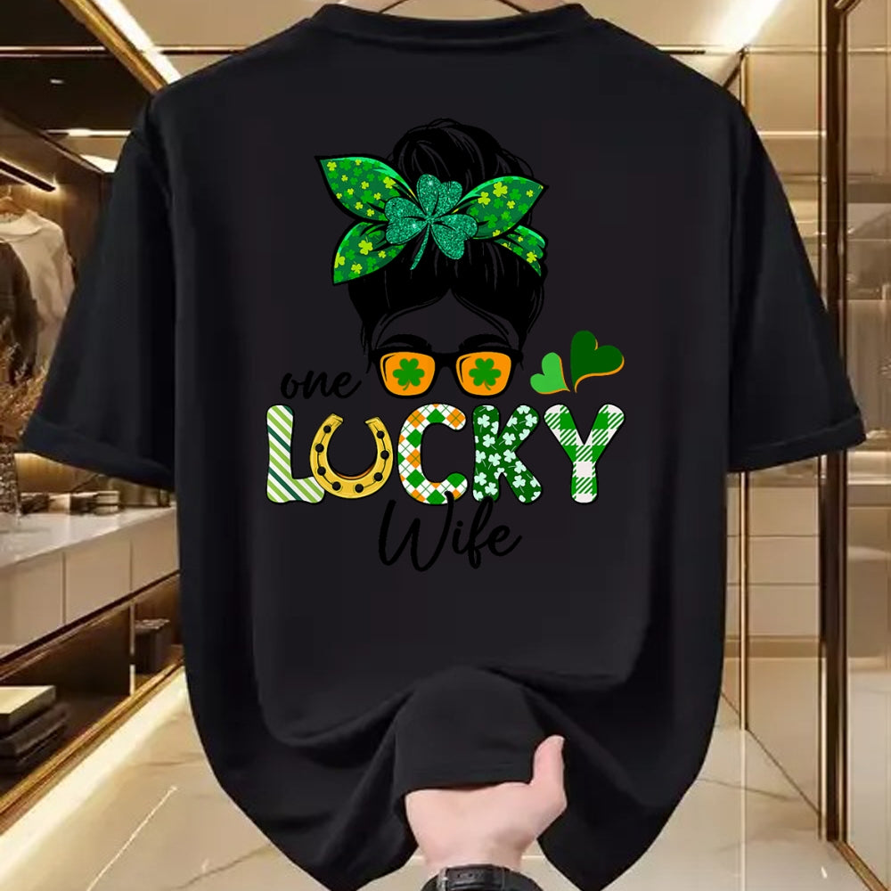 Best Wife Shirt, Wife and Husband Unisex T-Shirt/Hoodie/Sweatshirt HLT00 - Gift for wife T shirt, lucky wife   One Lucky Wife Messy Bun Irish St Patricks Day Shamrock T-Shirt