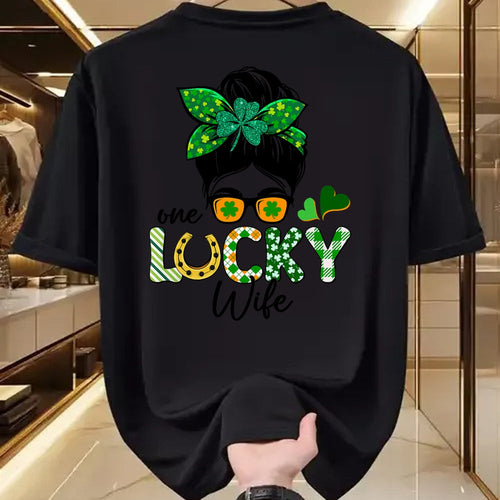 Best Wife Shirt, Wife and Husband Unisex T-Shirt/Hoodie/Sweatshirt HLT00 - Gift for wife T shirt, lucky wife   One Lucky Wife Messy Bun Irish St Patricks Day Shamrock T-Shirt