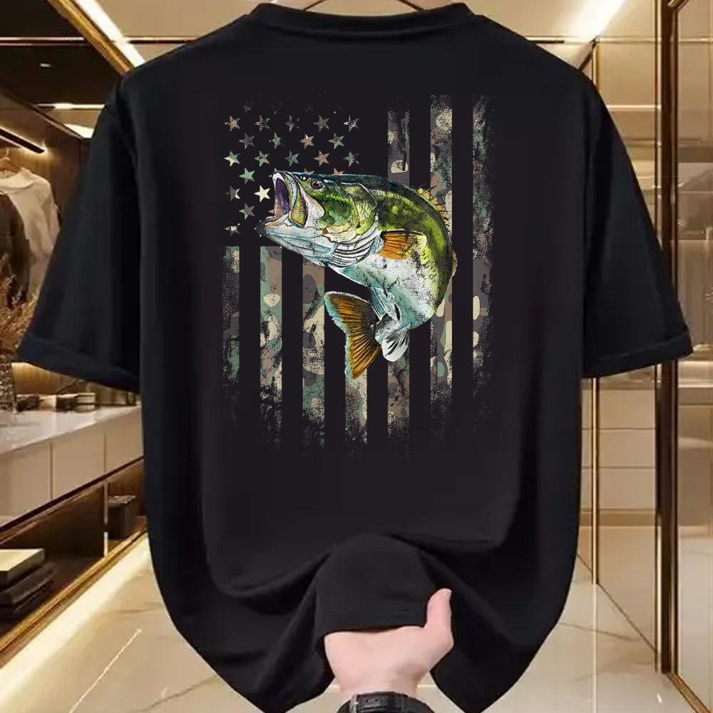 Funny Fishing Shirt, Gift For Fishing Lover Unisex T-Shirt/Hoodie/Sweatshirt HLT00 - (Art on Back) American Flag Camo Bass Fish Fishing T-Shirt